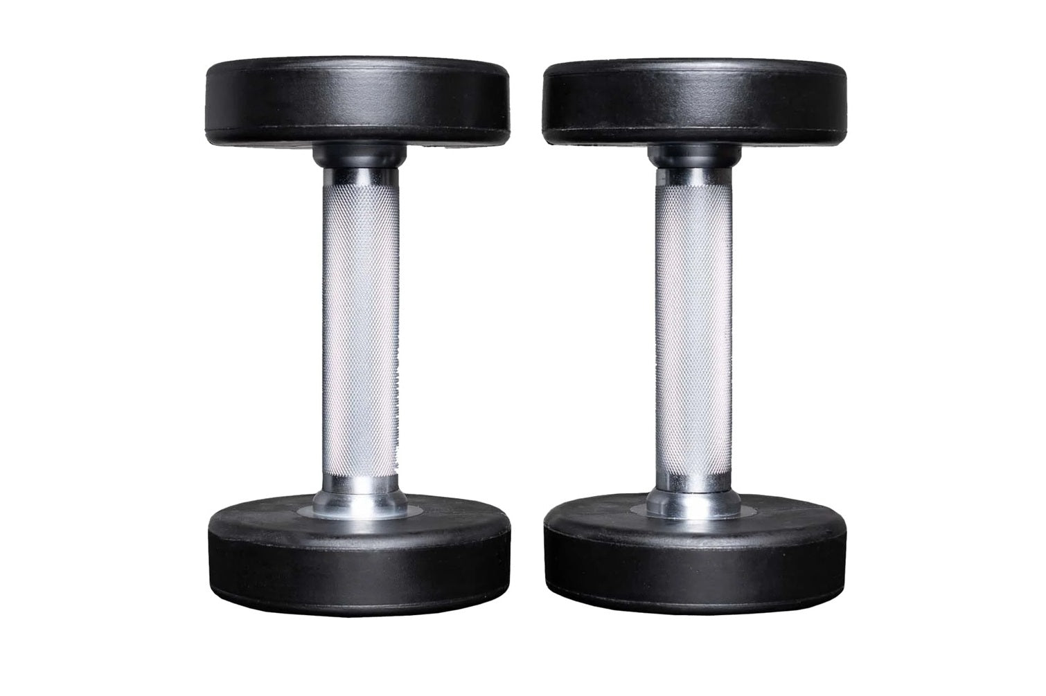 Pair of black urethane dumbbells with chrome textured handles and round bases on white background