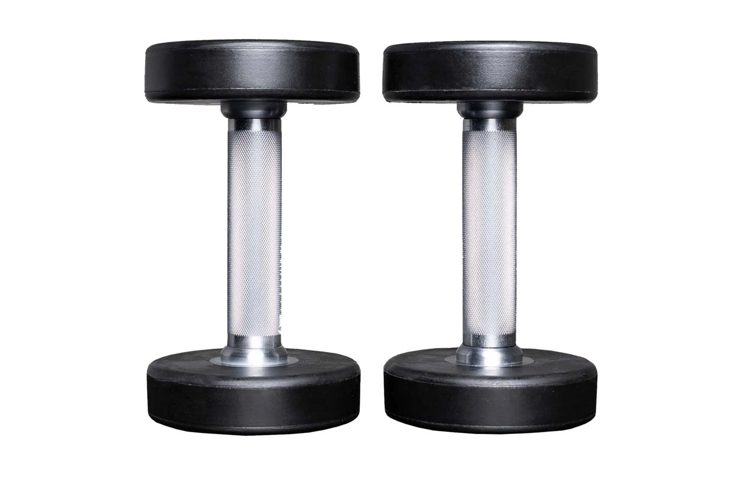 Pair of black urethane dumbbells with chrome textured handles and round bases on white background