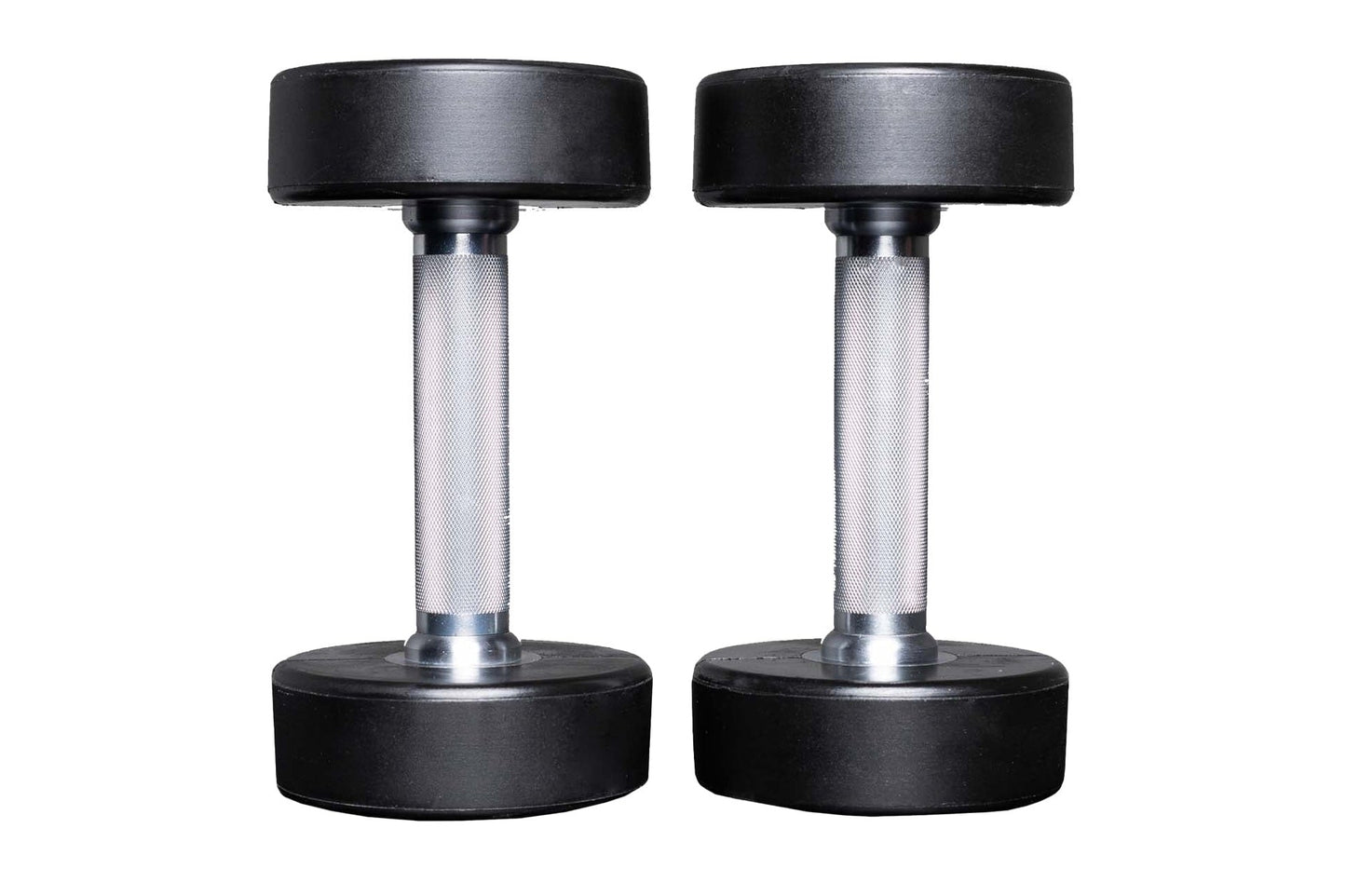 Pair of black urethane dumbbells with chrome handles and textured grip, isolated on white background