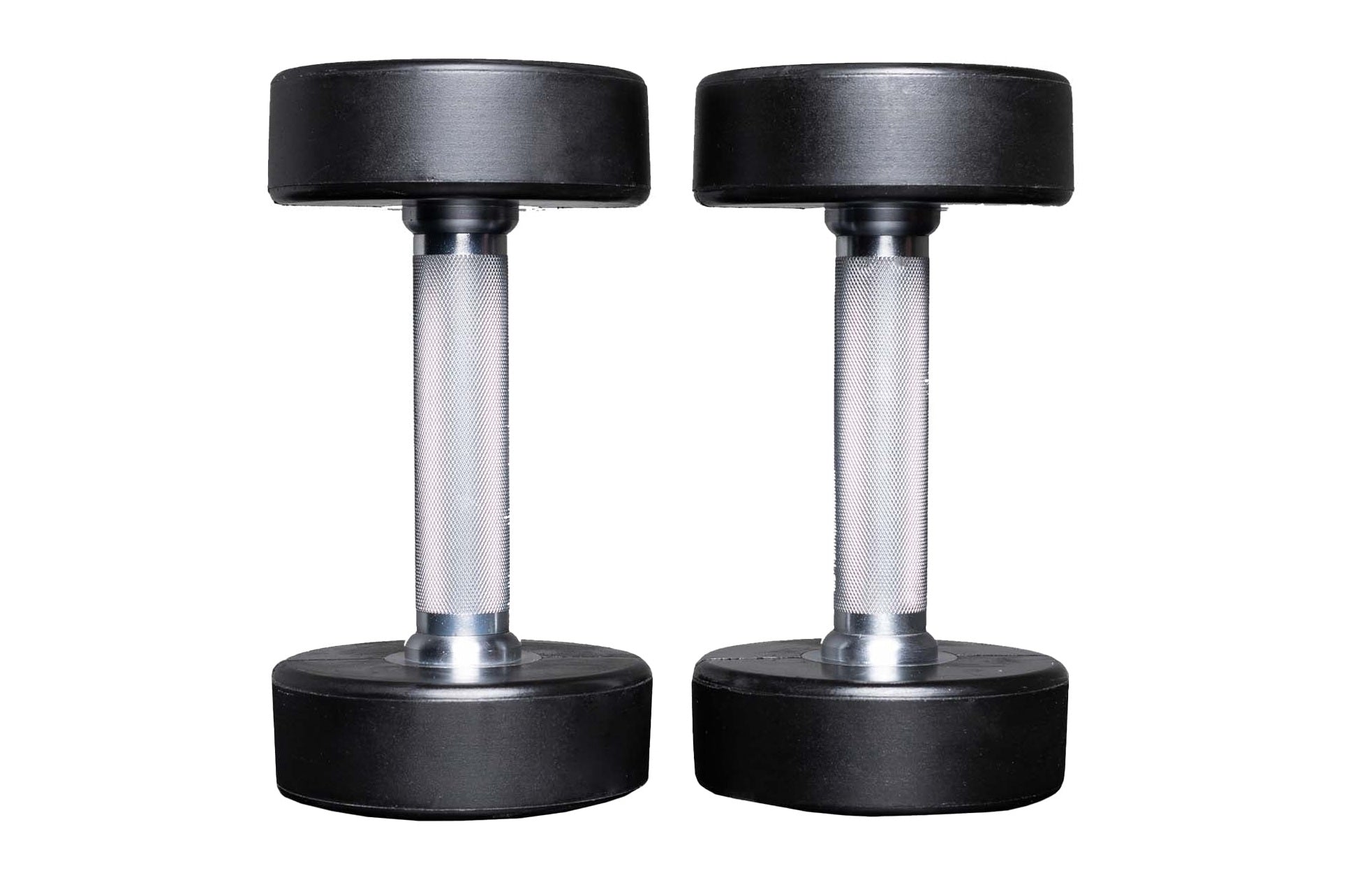 Pair of black urethane dumbbells with chrome handles and textured grip, isolated on white background