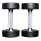 Pair of black urethane dumbbells with chrome handles and textured grip, isolated on white background