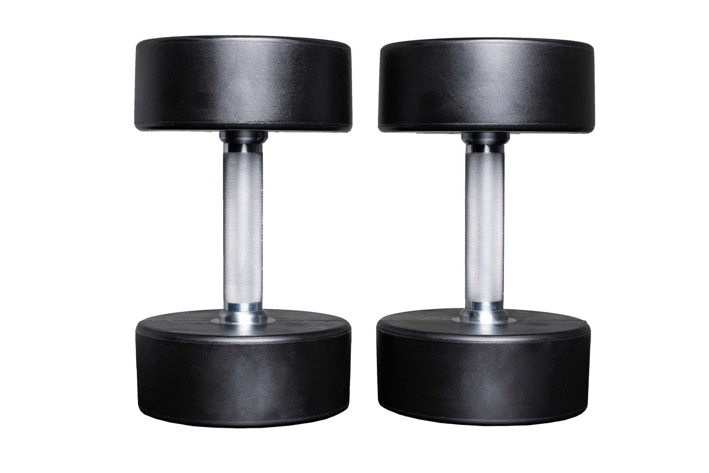 Pair of black rubber dumbbells with chrome handles on white background, flat lay view
