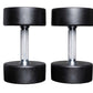 Pair of black rubber dumbbells with chrome handles on white background, flat lay view