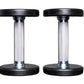 Pair of black and chrome pro-style dumbbells with textured grip handles and round weight plates, on white background