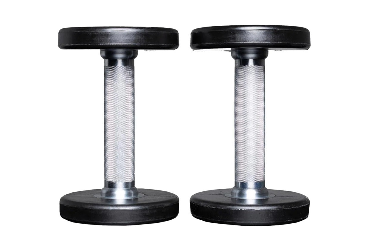 Pair of black and chrome pro-style dumbbells with textured grip handles and round weight plates, on white background