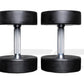 Pair of black urethane dumbbells with chrome handles on white background