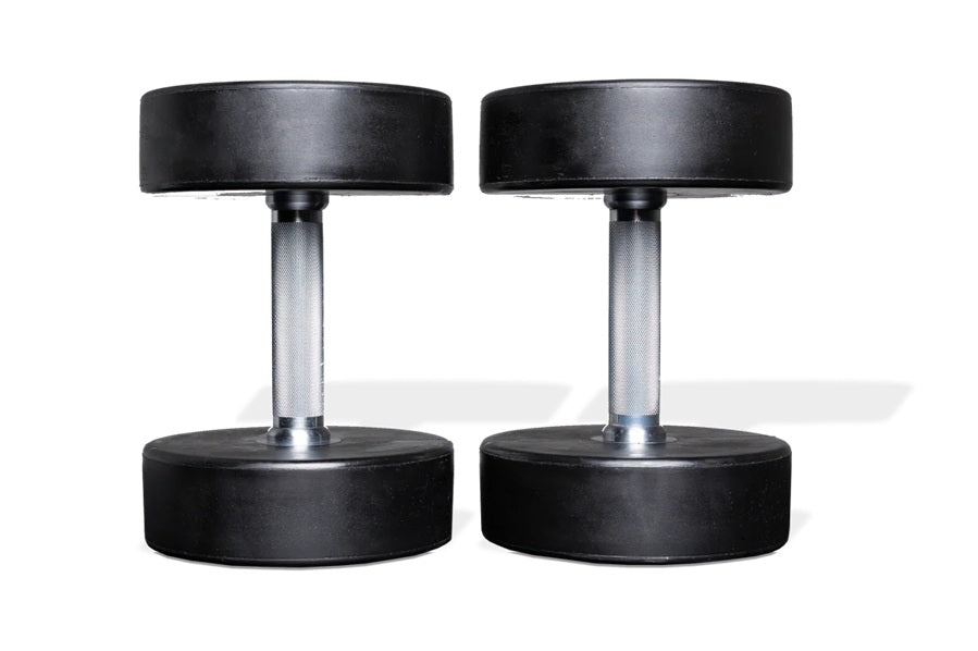 Pair of black urethane dumbbells with chrome handles on white background