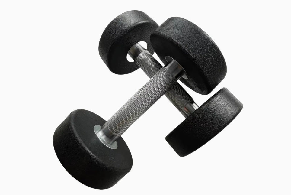 Pair of black urethane dumbbells with textured gray handles, isolated on white background