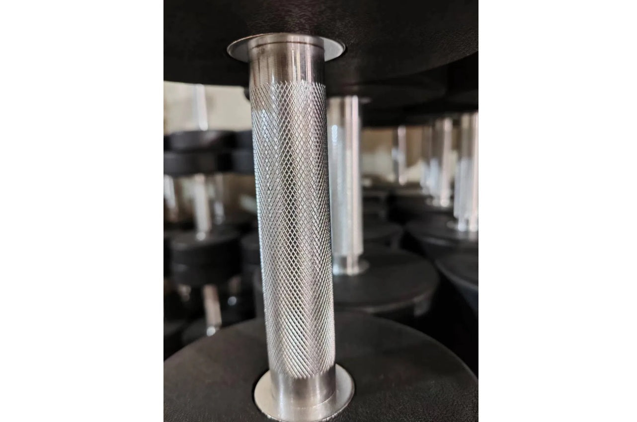 Stainless steel dumbbell handle with knurled grip pattern and threaded collar on black base