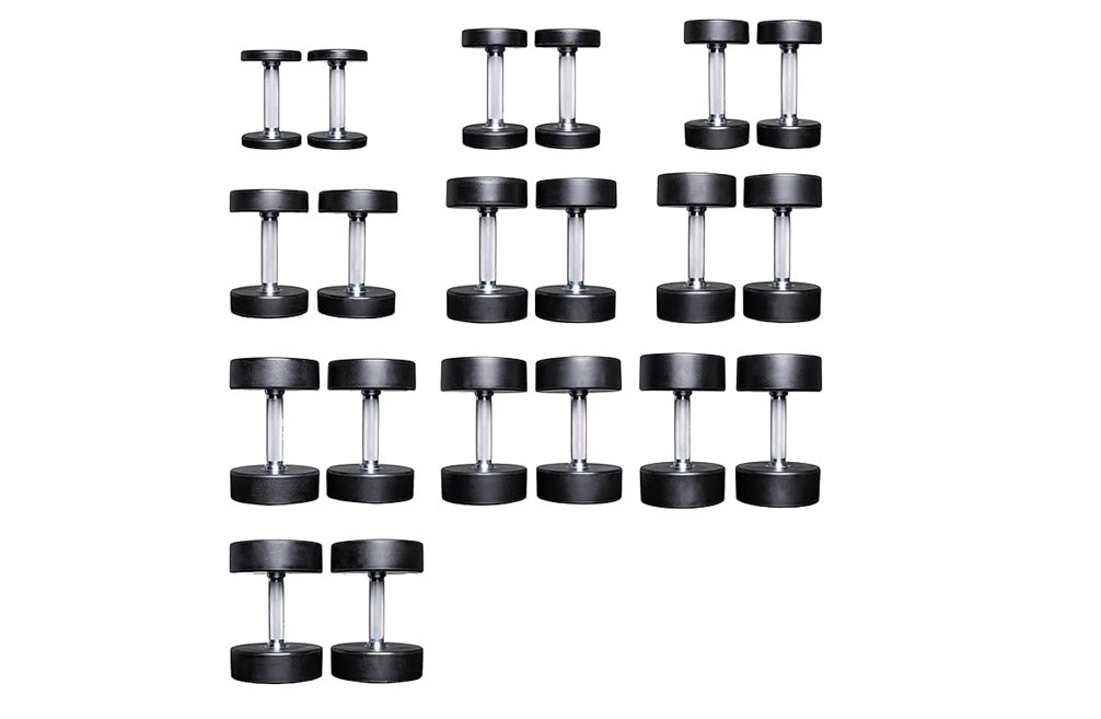 Warrior Elite Urethane Pro-Style Dumbbells in black with chrome handles arranged in flat lay display on white background
