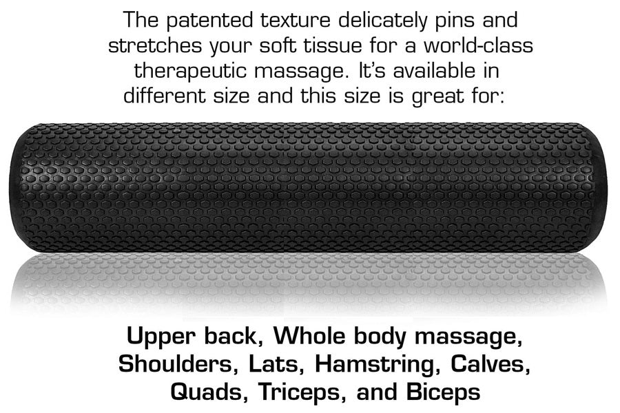Black cylindrical foam roller with textured surface, shown with reflection on white background