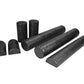 Black foam roller set including cylindrical rollers, half-round roller, and curved caps in varying sizes on white background