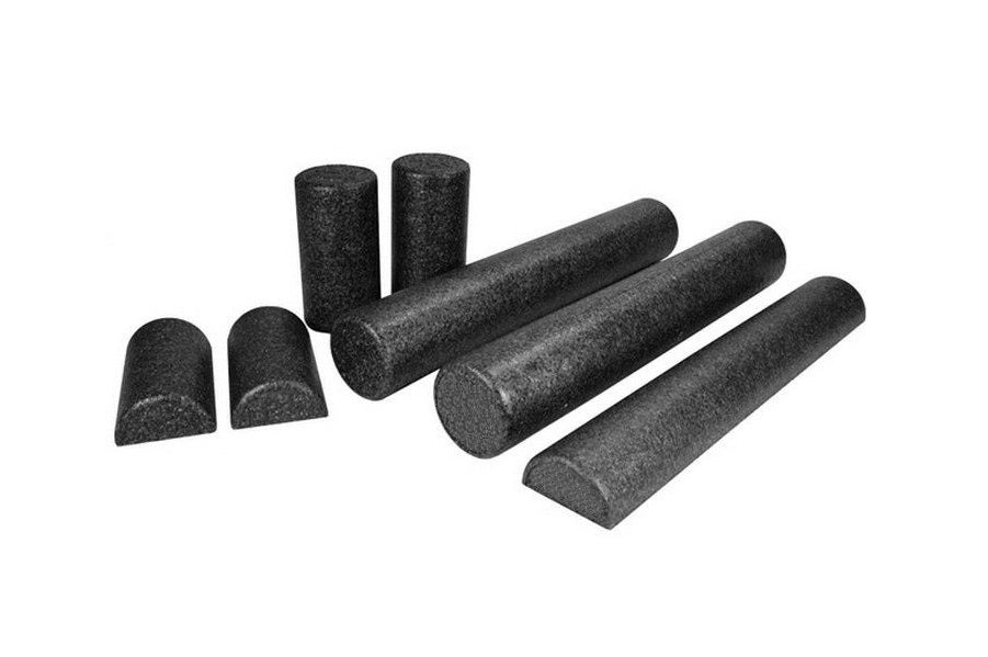 Black foam roller set including cylindrical rollers, half-round roller, and curved caps in varying sizes on white background