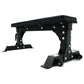 Black adjustable flat weight bench with wheels, metal frame, and chrome bolts on white background