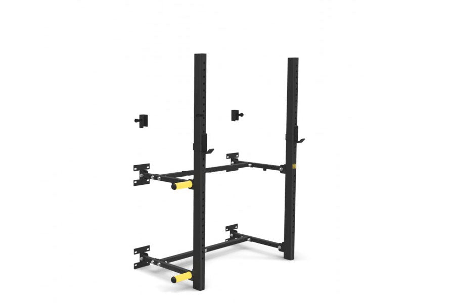 Black steel wall-mounted squat rack with yellow safety pins and dual horizontal arms, shown on white background