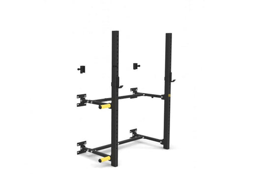 Black steel wall-mounted squat rack with yellow safety pins and dual horizontal arms, shown on white background