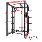 Red and black steel freestanding power rack with cable pulleys, weight pegs, and adjustable safety bars on white background