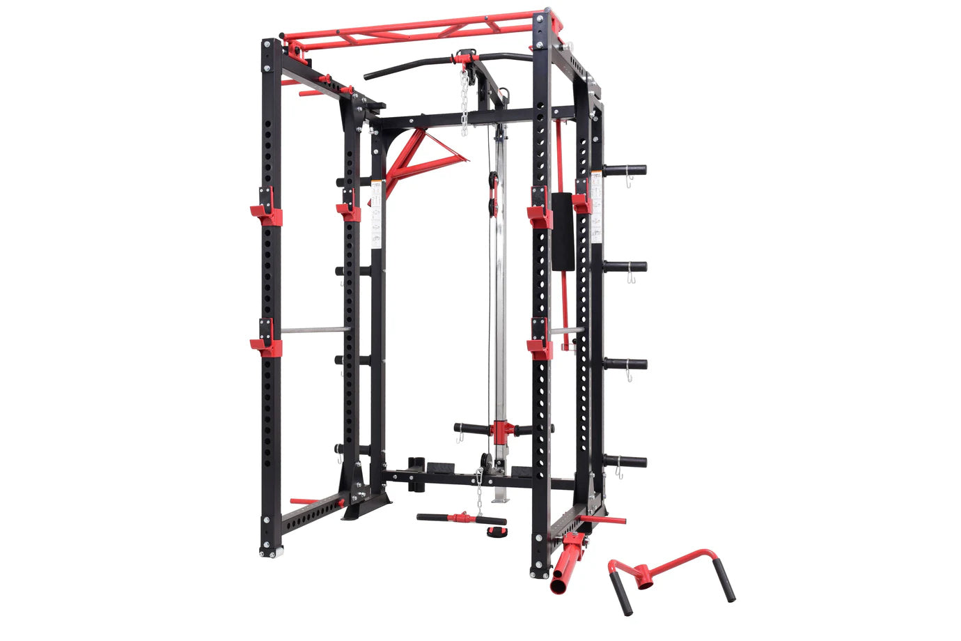 Red and black steel freestanding power rack with cable pulleys, weight pegs, and adjustable safety bars on white background