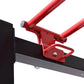 Red and black steel power rack with cable pulley system, featuring adjustable mounting brackets and metal hardware on white b