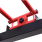 Red and black metal cable pulley power rack with folding frame and adjustment knobs, shown on white background