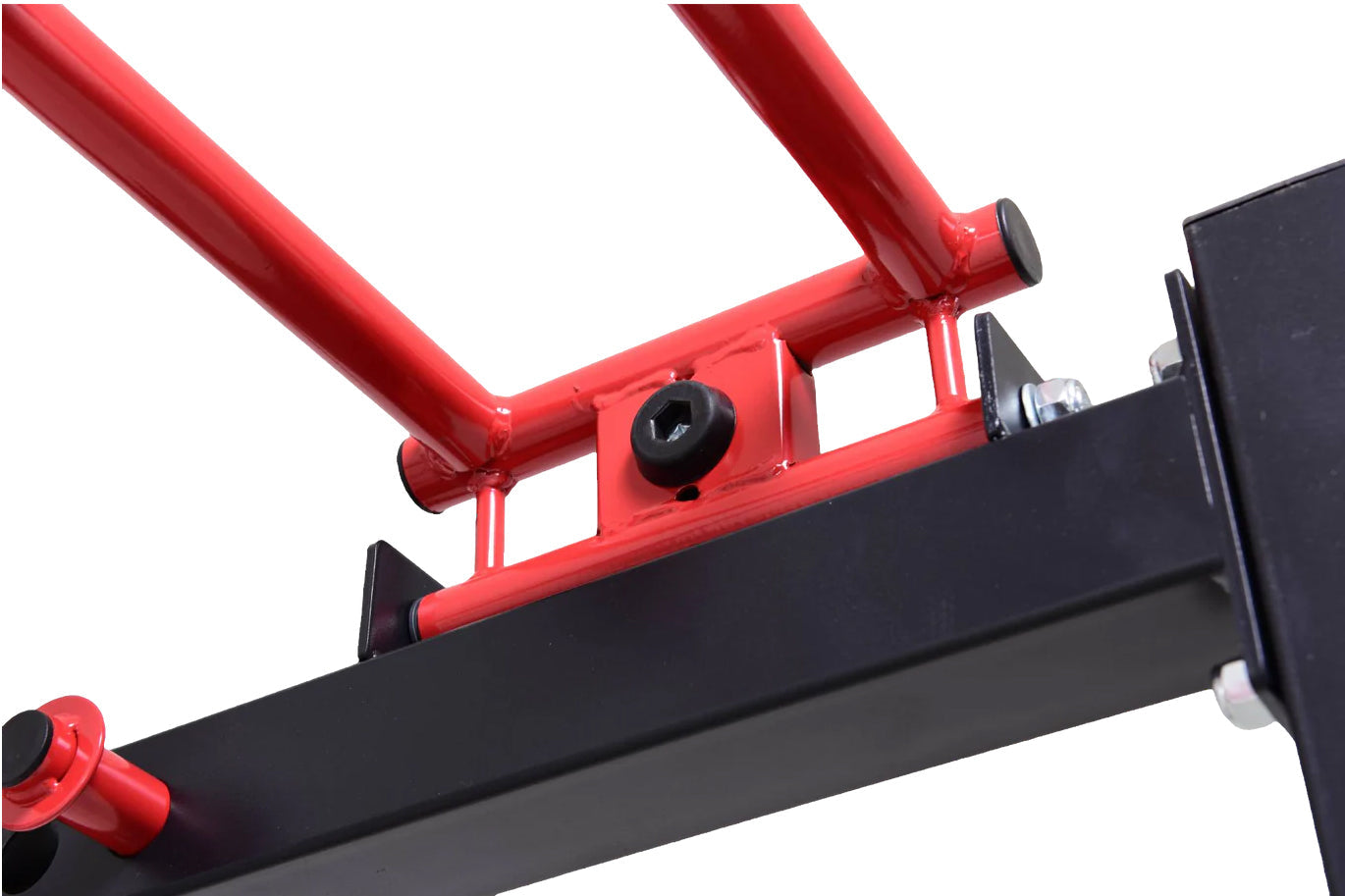 Red and black metal cable pulley power rack with folding frame and adjustment knobs, shown on white background