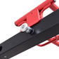 Red and black metal freestanding power rack with cable pulley system and adjustable wheels, shown on white background