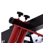 Red and black cable pulley power rack with adjustable pull-down attachment and thumb screws, mounted on white background