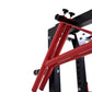 Red and black metal cable pulley power rack with foldable frame, adjustment knobs, and weight plate pegs on white background