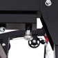 Black steel power rack with chrome bolts and pulley attachment, overhead view on white background