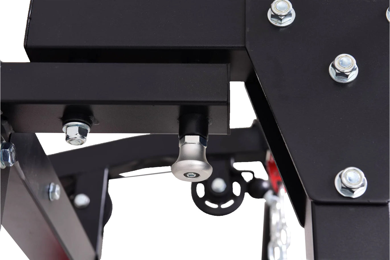 Black steel power rack with chrome bolts and pulley attachment, overhead view on white background