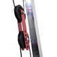 Double pulley attachment with red metal arms and black wheels on cable system, mounted on power rack