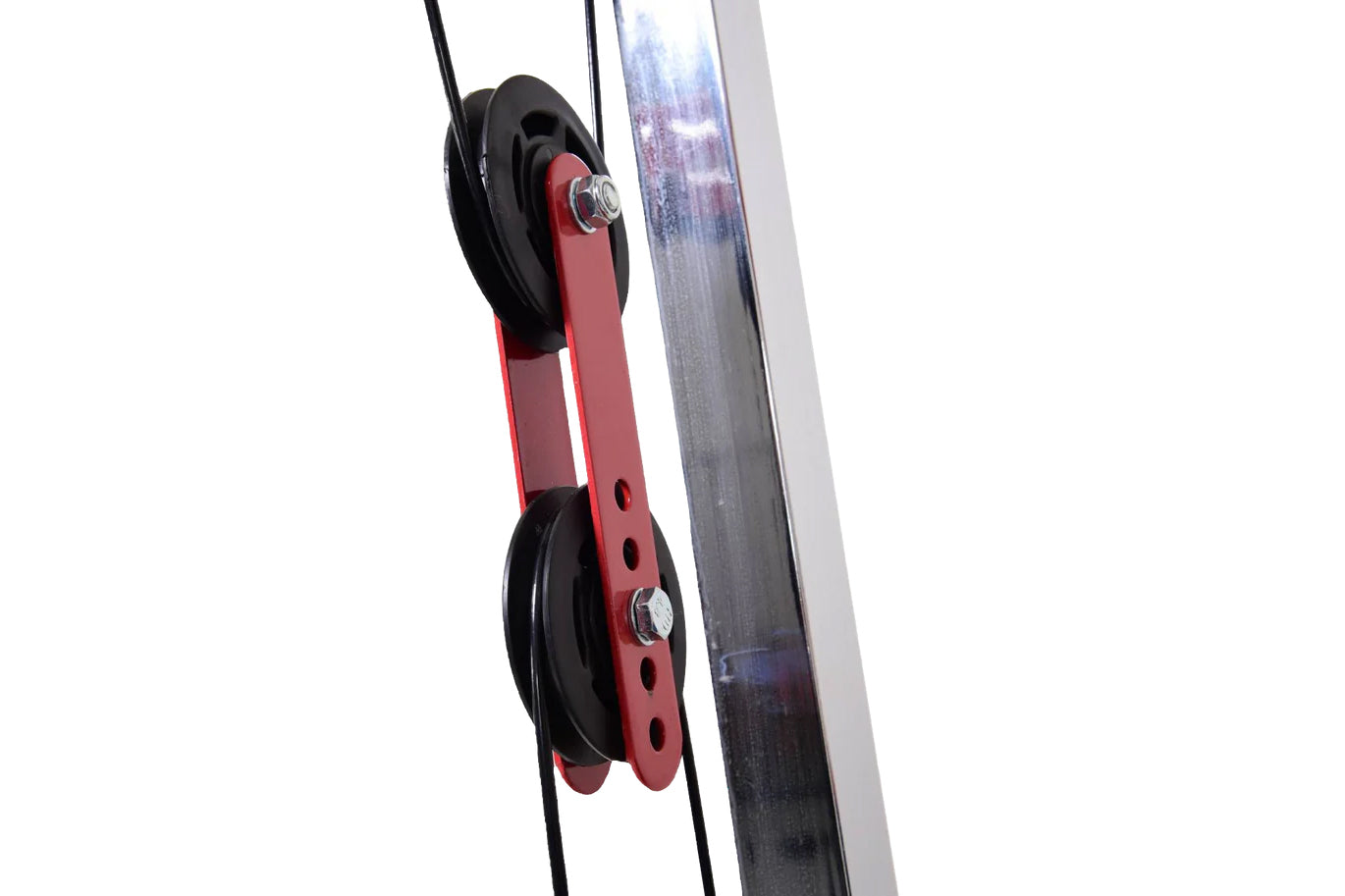 Double pulley attachment with red metal arms and black wheels on cable system, mounted on power rack