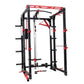Red and black metal power rack with cable pulley system, adjustable safety bars, and multiple attachment points for strength 