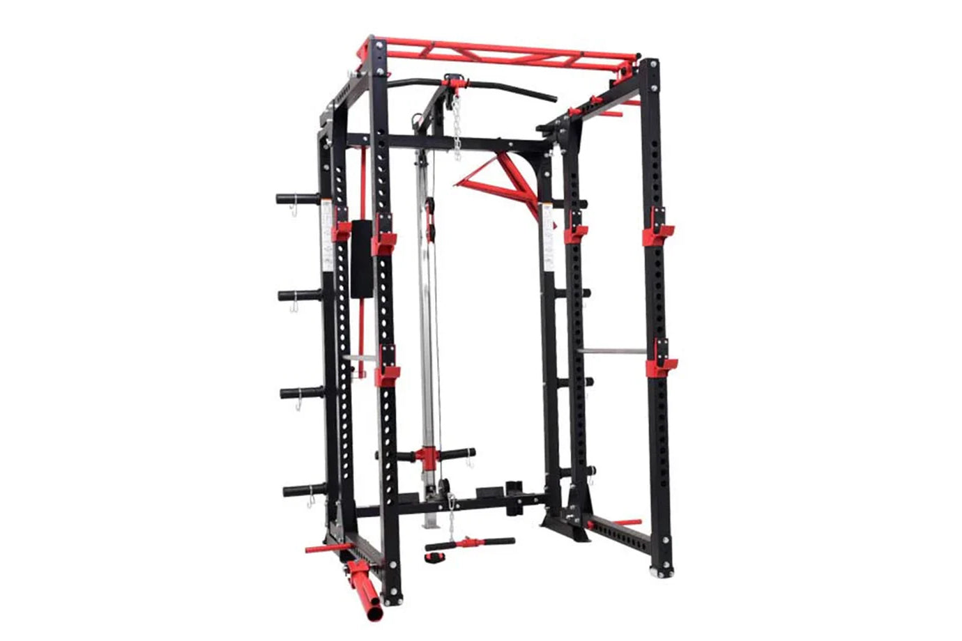 Red and black metal power rack with cable pulley system, adjustable safety bars, and multiple attachment points for strength 