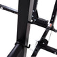 Black metal cable pulley power rack with adjustable arms and chain attachments on white background