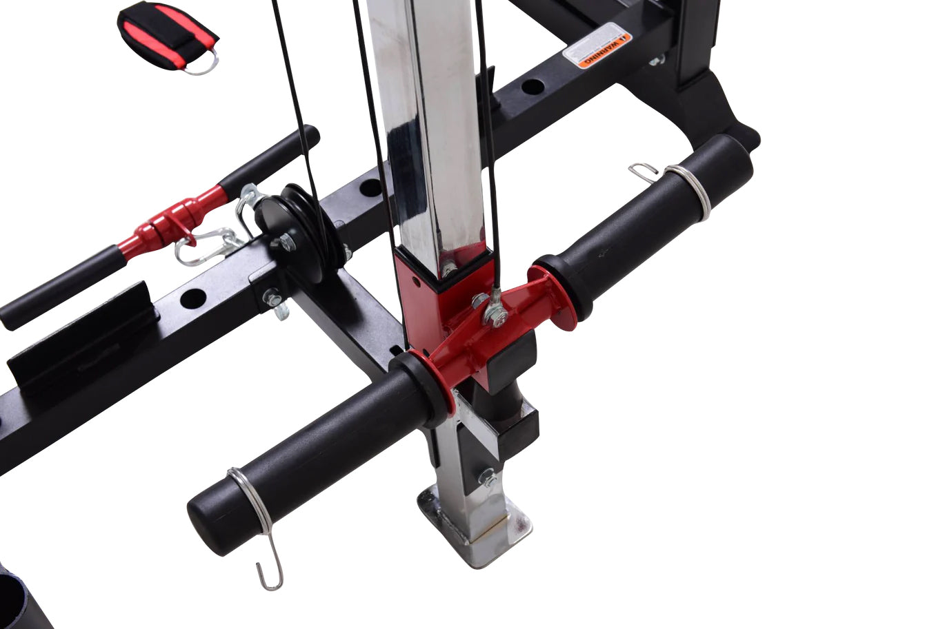 Warrior freestanding folding cable pulley power rack with red and black frame, dual pull handles, and included resistance ban
