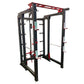 Black and red steel power rack with cable pulley system, adjustable weight pegs, and red top beam on white background