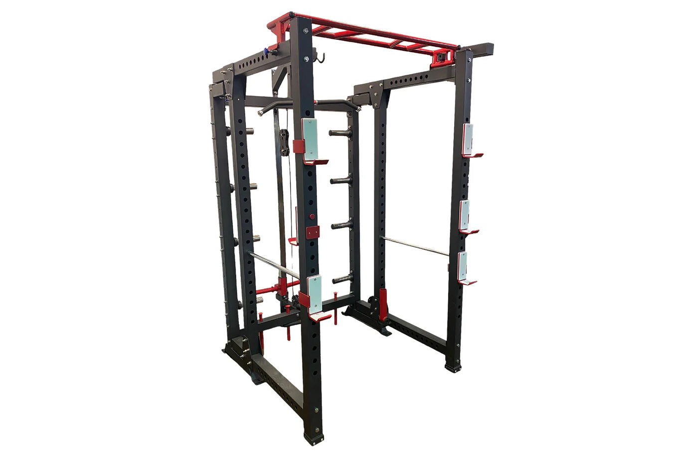 Black and red steel power rack with cable pulley system, adjustable weight pegs, and red top beam on white background