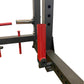 Warrior Freestanding Folding Cable Pulley Power Rack with red and black steel frame, adjustable arms, and chrome handles on w