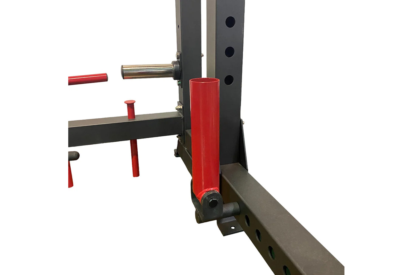 Warrior Freestanding Folding Cable Pulley Power Rack with red and black steel frame, adjustable arms, and chrome handles on w