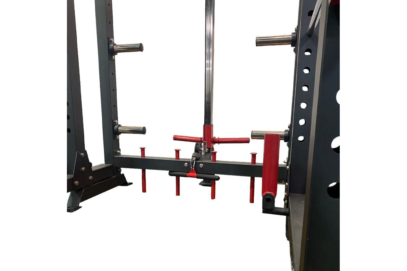 Black and red metal power rack with adjustable safety bars, spotter arms, and chrome pulleys, flat lay on white background