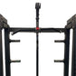 Black freestanding cable pulley power rack with curved bar, dual pulleys, and adjustable pin positions on white background