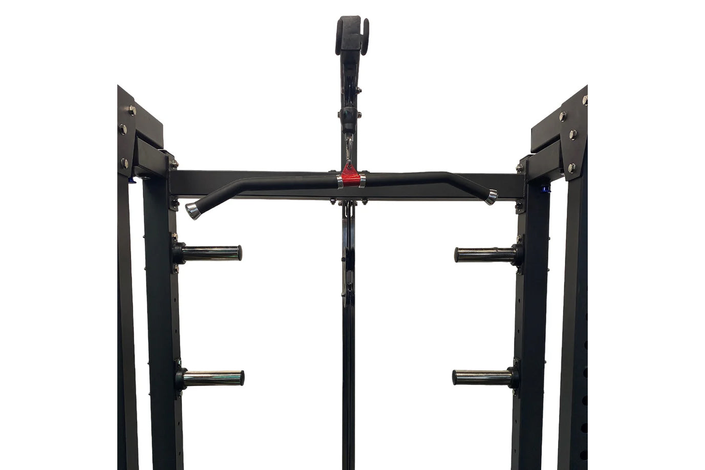 Black freestanding cable pulley power rack with curved bar, dual pulleys, and adjustable pin positions on white background