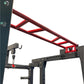 Black and red steel power rack with red ladder attachment, pulley system, and adjustable hooks on white background