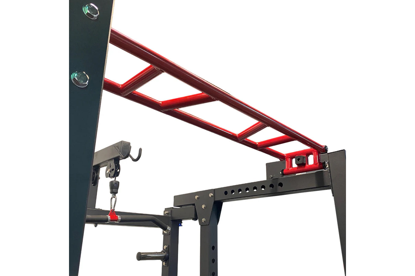 Black and red steel power rack with red ladder attachment, pulley system, and adjustable hooks on white background