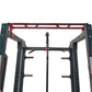 Warrior Freestanding Folding Cable Pulley Power Rack with red top frame, black uprights, and steel pulley system on white bac