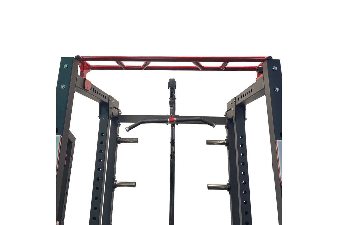 Warrior Freestanding Folding Cable Pulley Power Rack with red top frame, black uprights, and steel pulley system on white bac