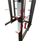 Black and red freestanding power rack with adjustable cable pulleys, safety bars, and foot platform on white background