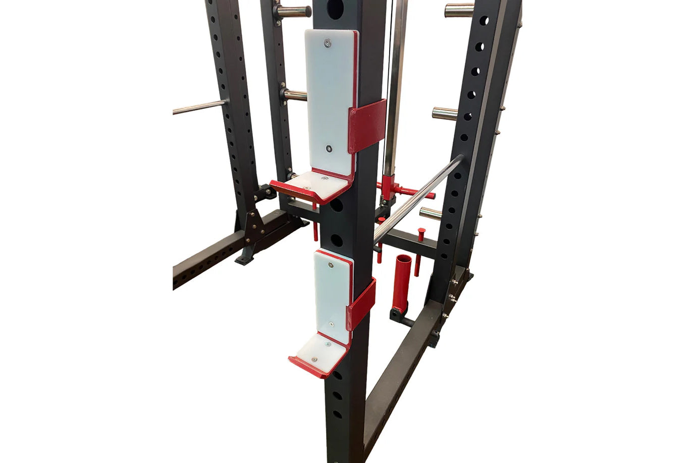 Black and red freestanding power rack with adjustable cable pulleys, safety bars, and foot platform on white background