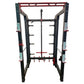 Warrior Freestanding Folding Cable Pulley Power Rack with black steel frame, red accents, and adjustable pulleys on white bac